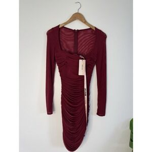 House of CB London Valentina Chartreuse‎ Ruched Mesh Dress Cherry Size S NWT